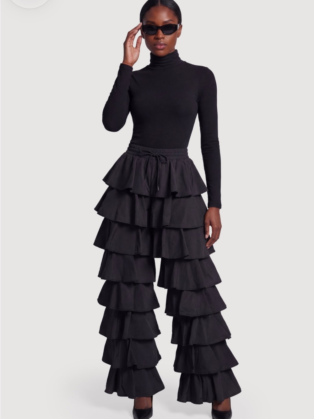 Black Drawstring Elastic Waist Ruffled Tiered Baggy Pants size S